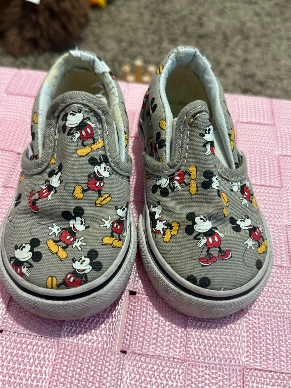 Vans Kids Mickey Mouse Grey Slip-On Shoes with Red & Yellow Accents